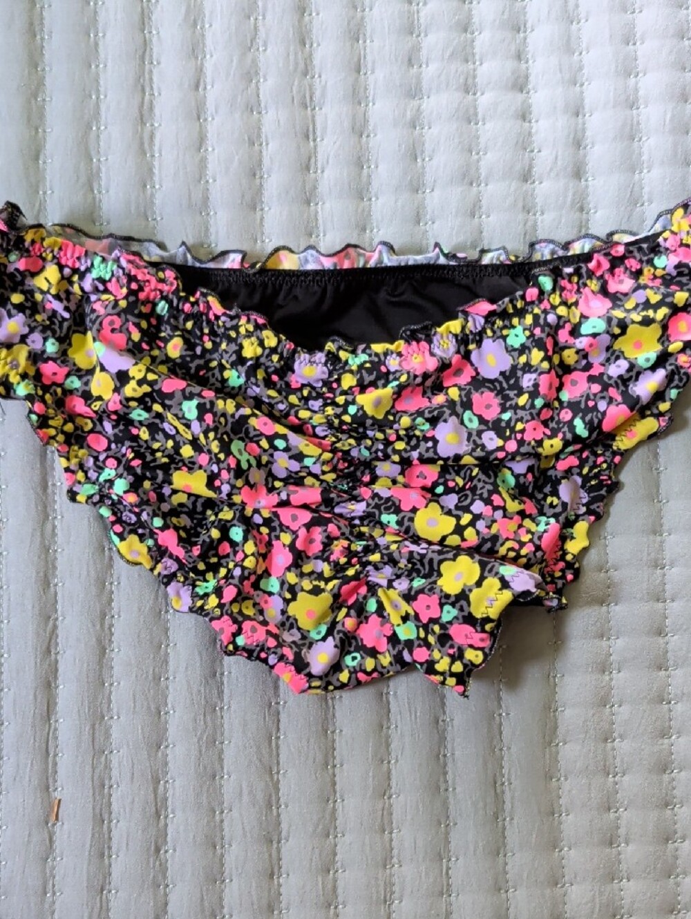 Victoria's Secret Black Bikini Bottom with Neon Floral Print - Picture 2 of 4
